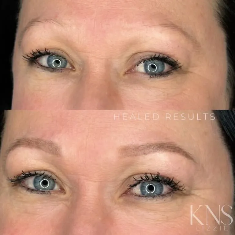 Nanobrow before-and-after on a mature client with sparse eyebrows — healed results at Kendra Neal Studio