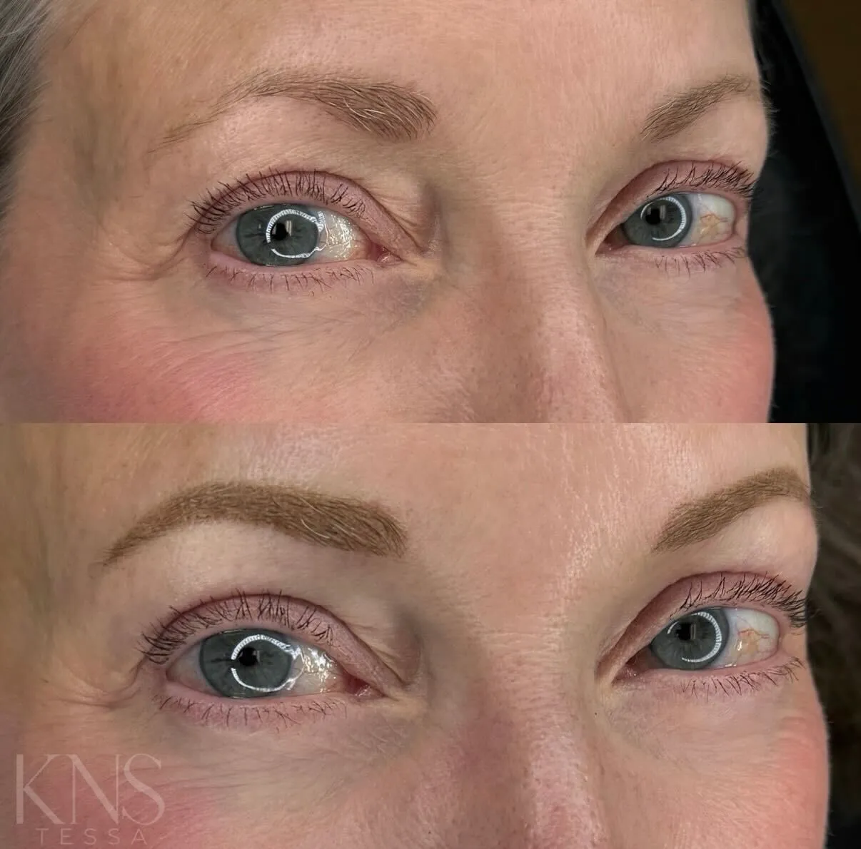 Powderbrow before-and-after on a mature client with faint, blonde eyebrows — healed results at Kendra Neal Studio