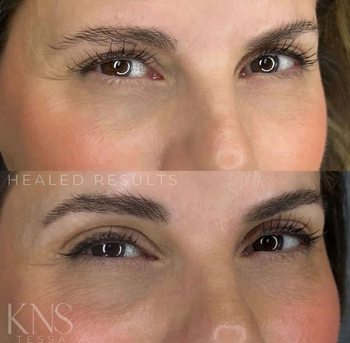 Powderbrow before-and-after for eyebrows with no natural hair — healed results at Kendra Neal Studio