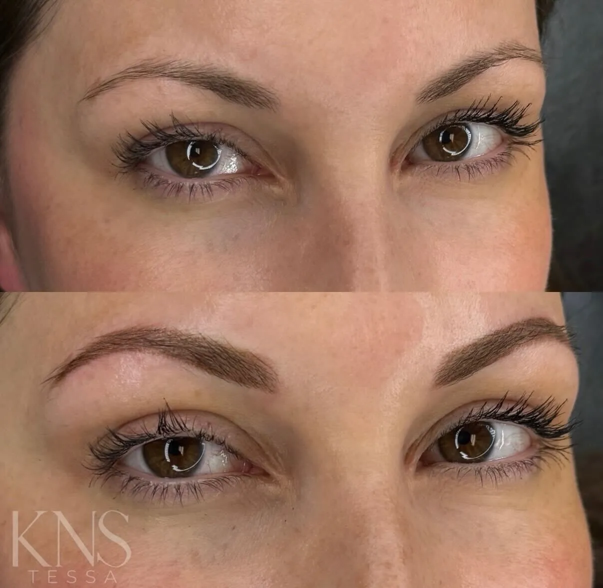 Powderbrow before-and-after for sparse eyebrow tails — healed results at Kendra Neal Studio