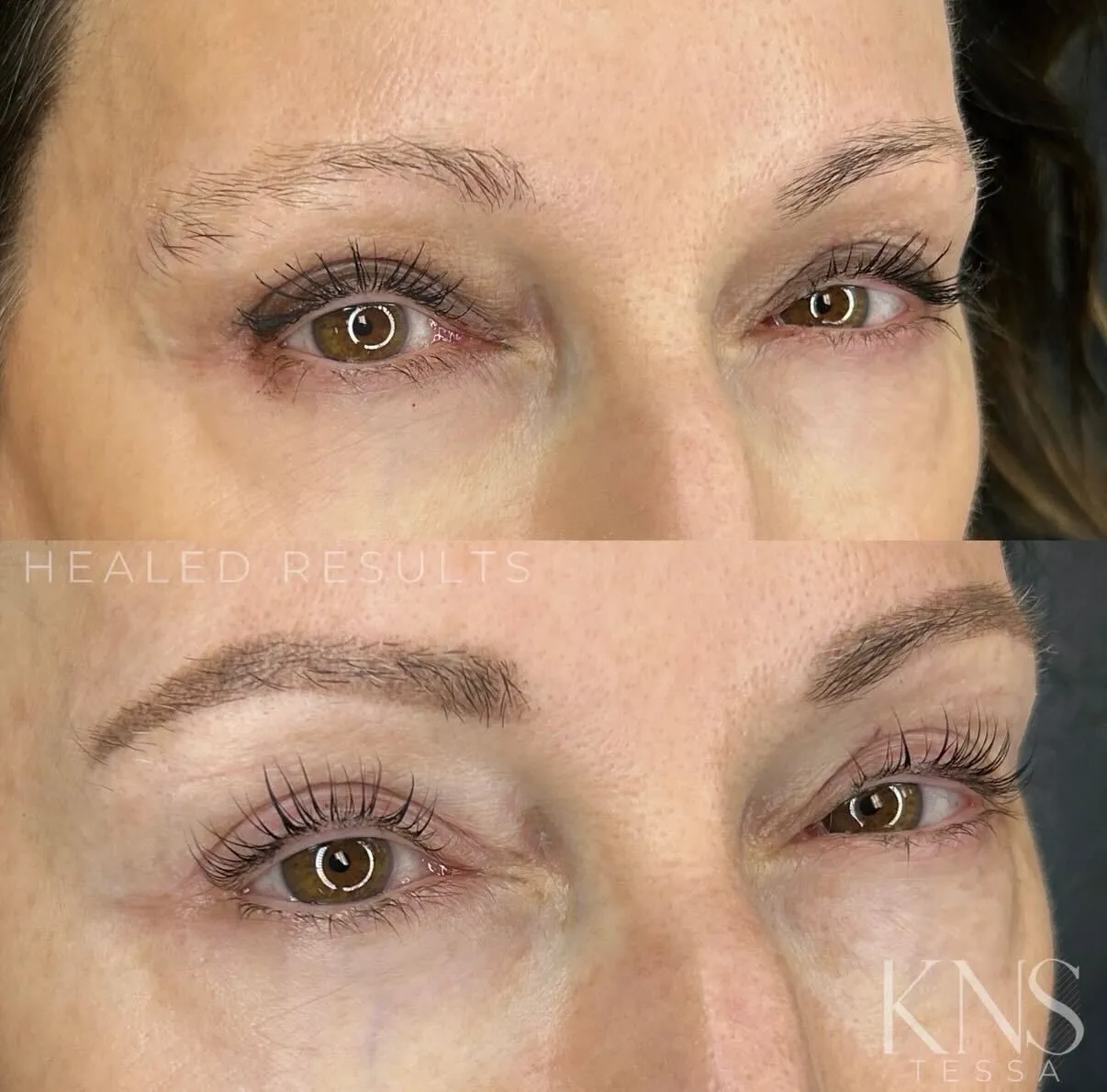 Powderbrow before-and-after on a mature client with an uneven brow shape — healed results at Kendra Neal Studio