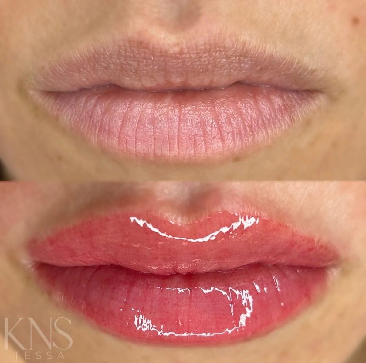 Lip blushing before-and-after for pale lips — healed results at Kendra Neal Studio