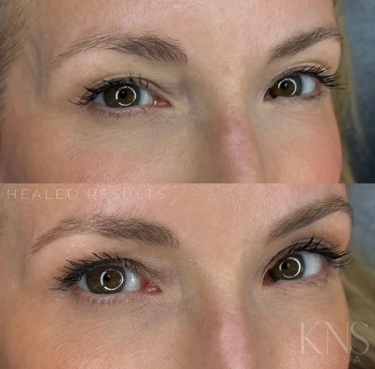 Powderbrow before-and-after for sparse eyebrow tails — healed results at Kendra Neal Studio