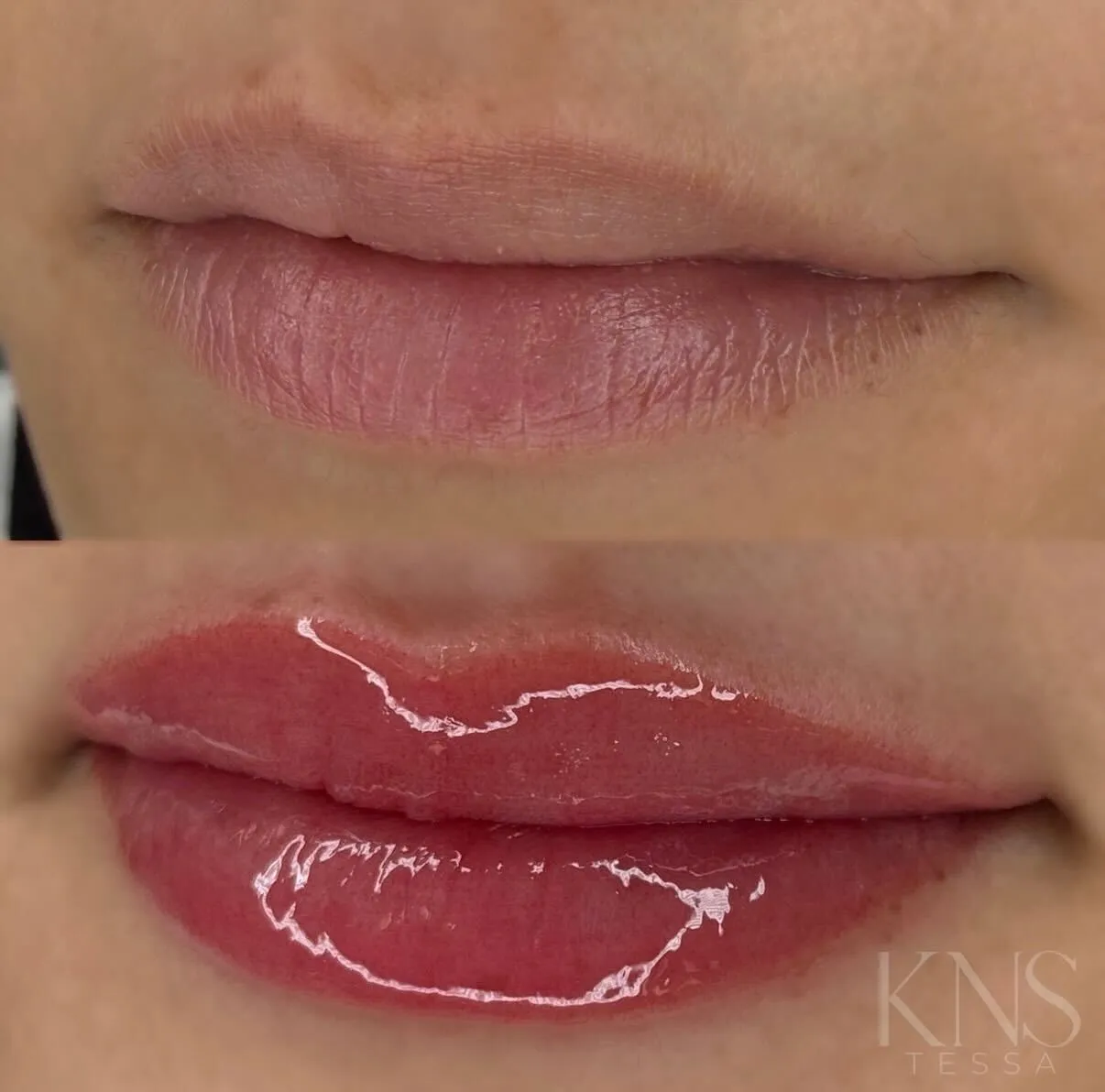 Lip blushing before-and-after for uneven lip shape — healed results at Kendra Neal Studio