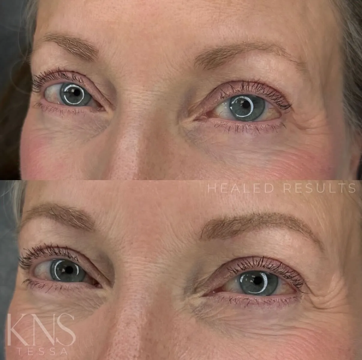 Powderbrow before-and-after on a mature client with faint eyebrows — healed results at Kendra Neal Studio