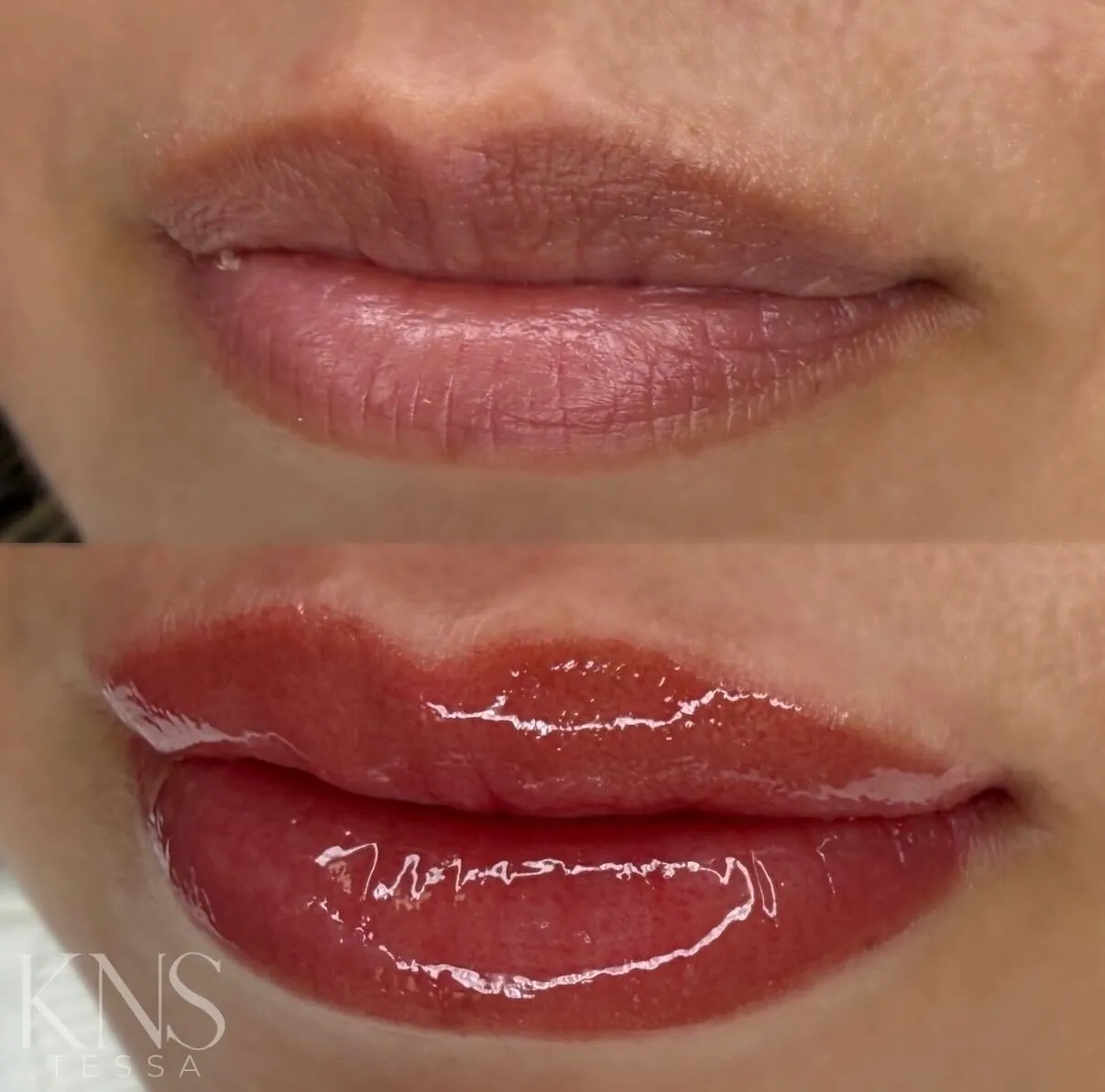 Lip blushing before-and-after for pale lips — healed results at Kendra Neal Studio