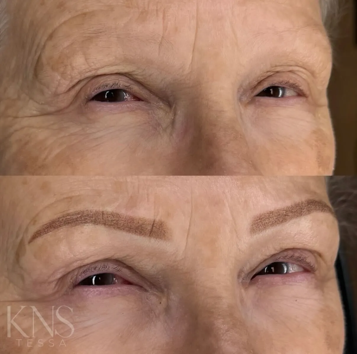 Powderbrow before-and-after on a mature client with eyebrows that have no natural hair — healed results at Kendra Neal Studio