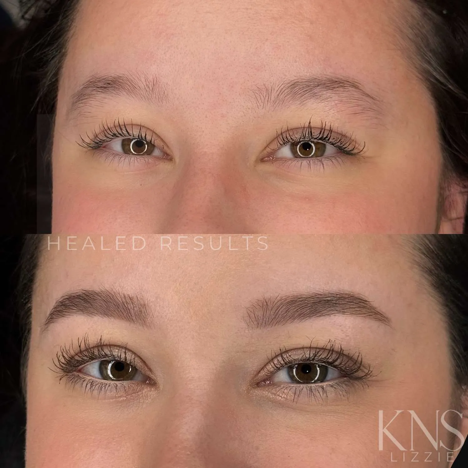 Powderbrow before-and-after for uneven, gappy eyebrows — healed results at Kendra Neal Studio