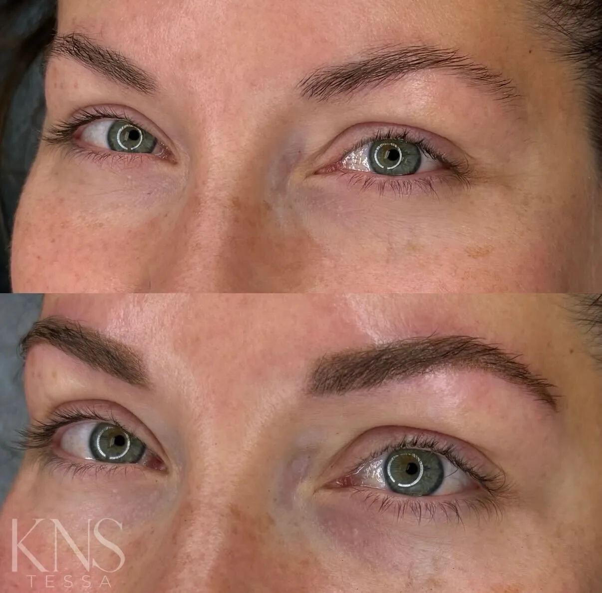 Powderbrow before-and-after for sparse eyebrows on freckled skin — healed results at Kendra Neal Studio