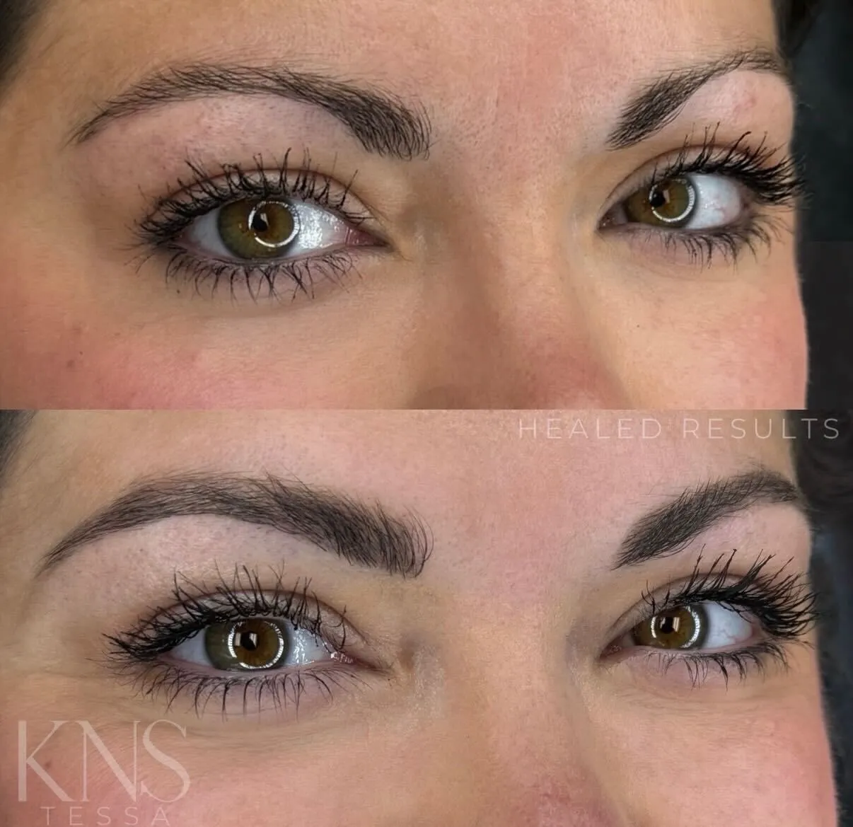 Powderbrow shaping refinement on naturally full eyebrows — healed results at Kendra Neal Studio