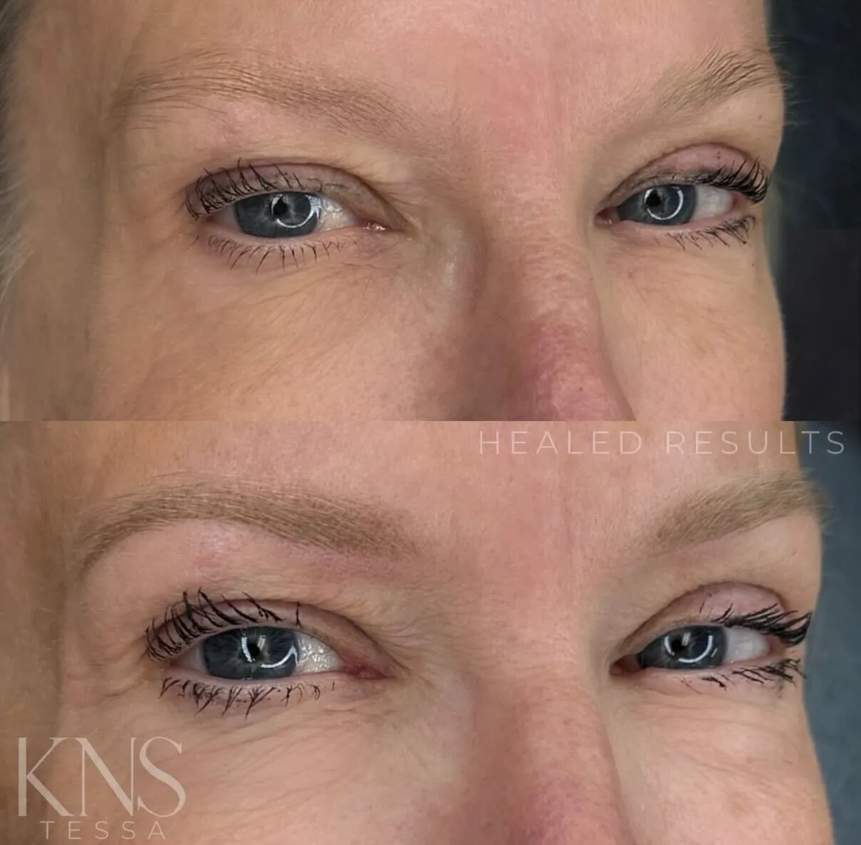 Powderbrow before-and-after on a mature client with blonde and gray hair — healed results at Kendra Neal Studio