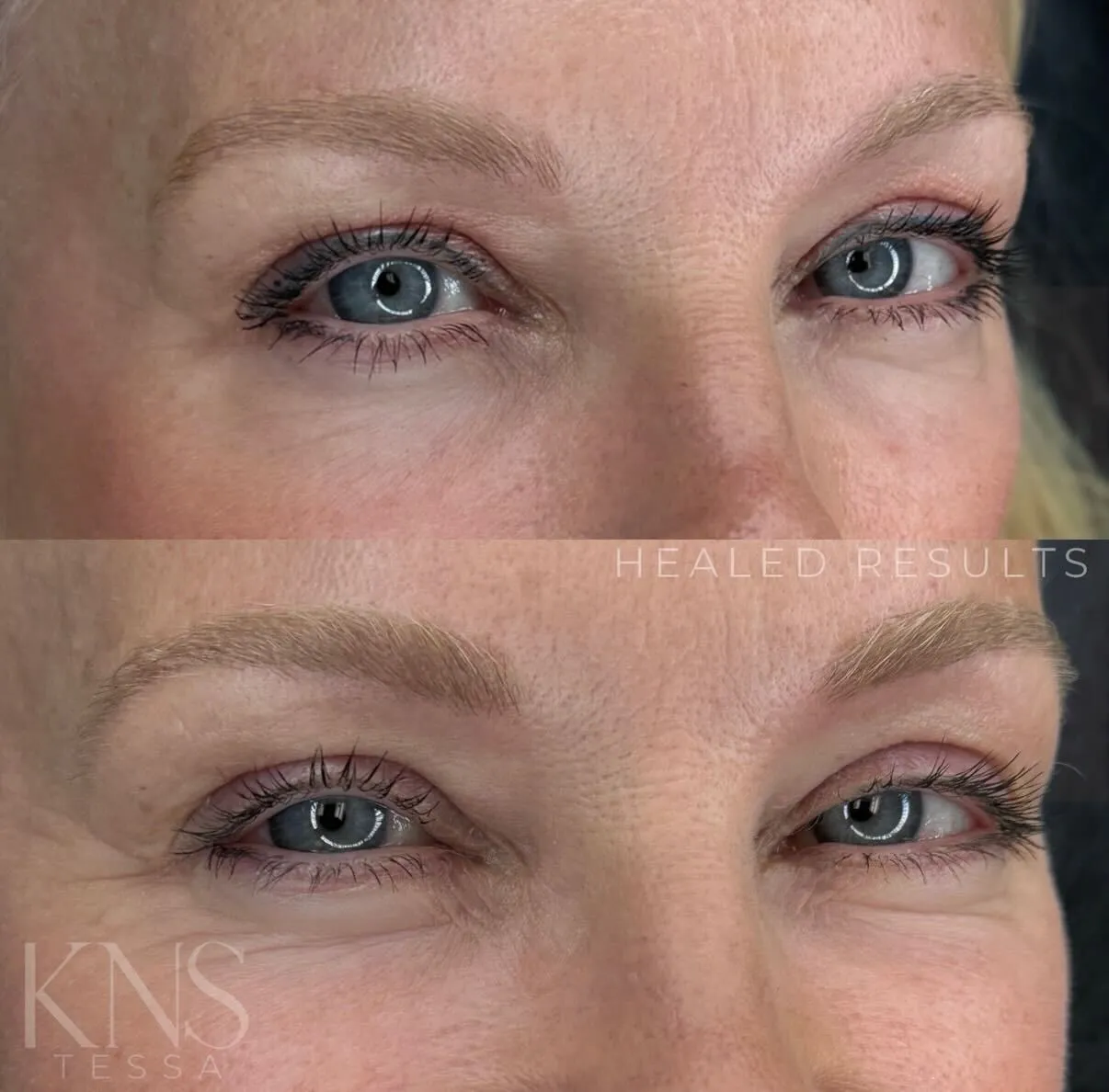 Powderbrow before-and-after on a mature client with faint eyebrows — healed results at Kendra Neal Studio
