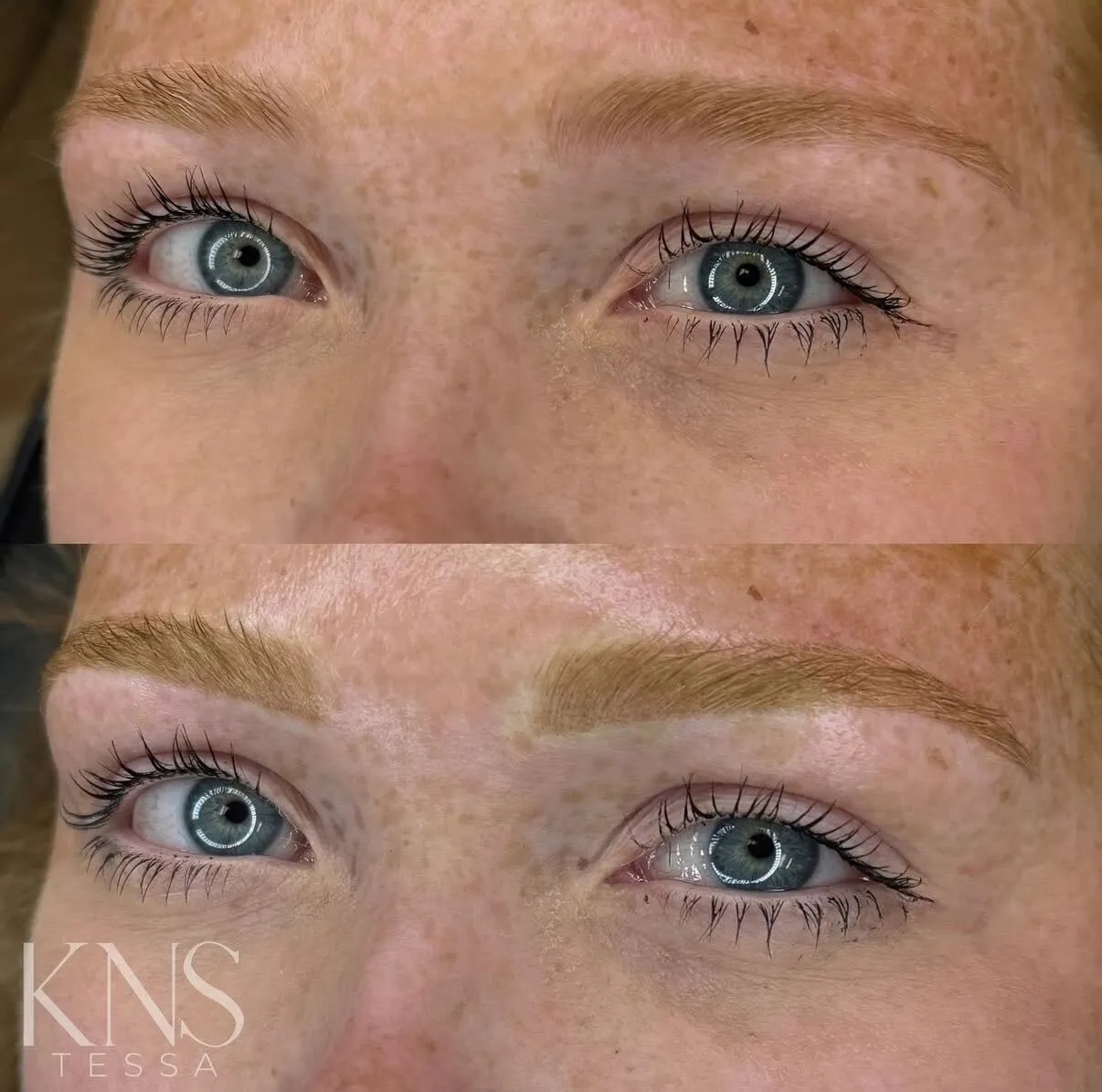 Powderbrow before-and-after on a redhead with freckled skin — healed results at Kendra Neal Studio