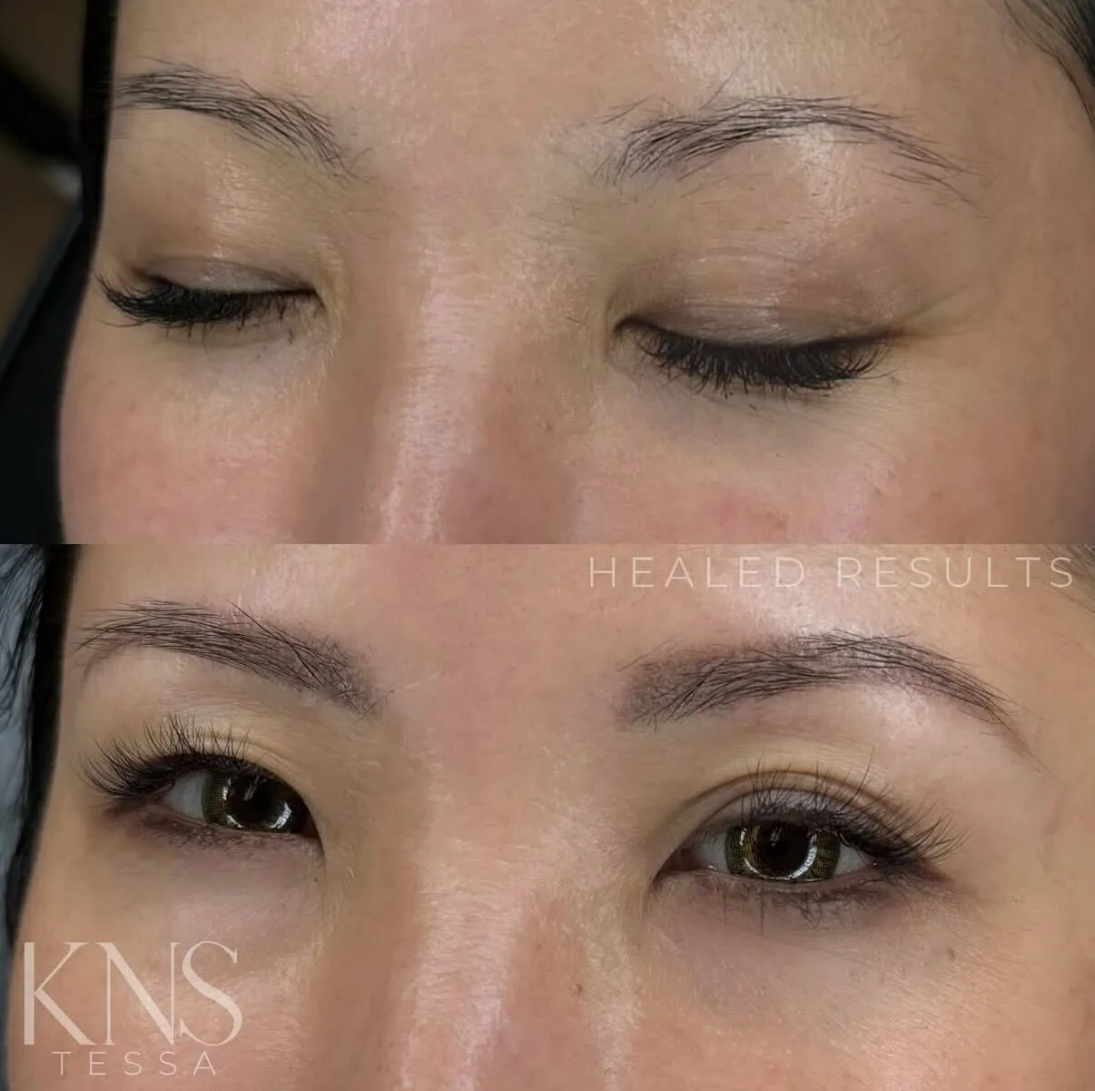 Powderbrow before-and-after for very sparse eyebrows — healed results at Kendra Neal Studio