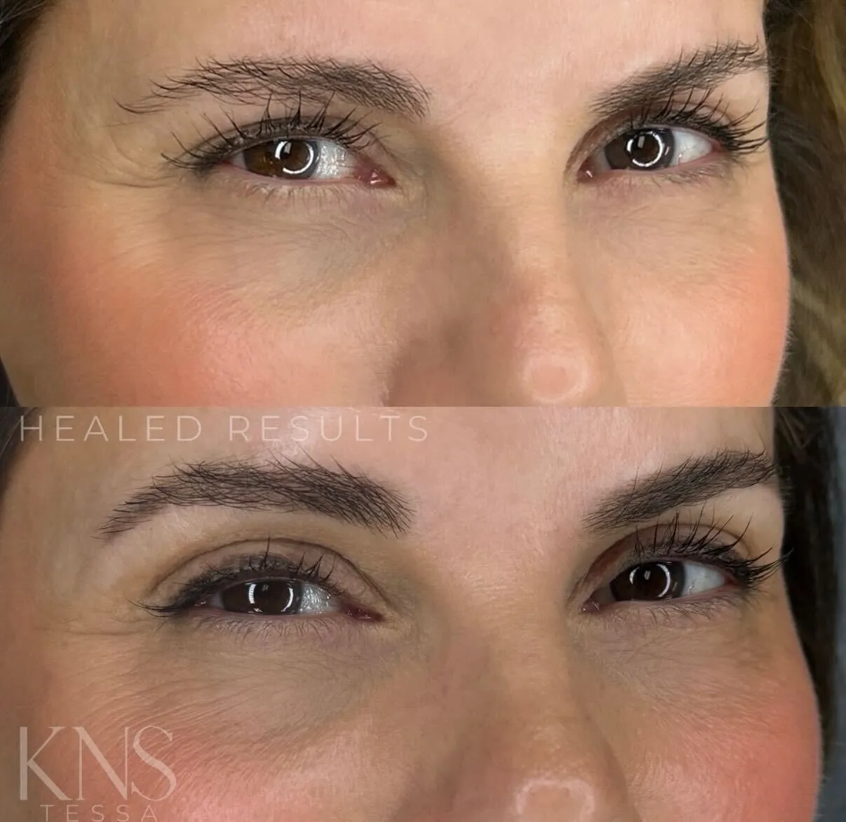 Powderbrow before-and-after for unruly, undefined eyebrows — healed results at Kendra Neal Studio