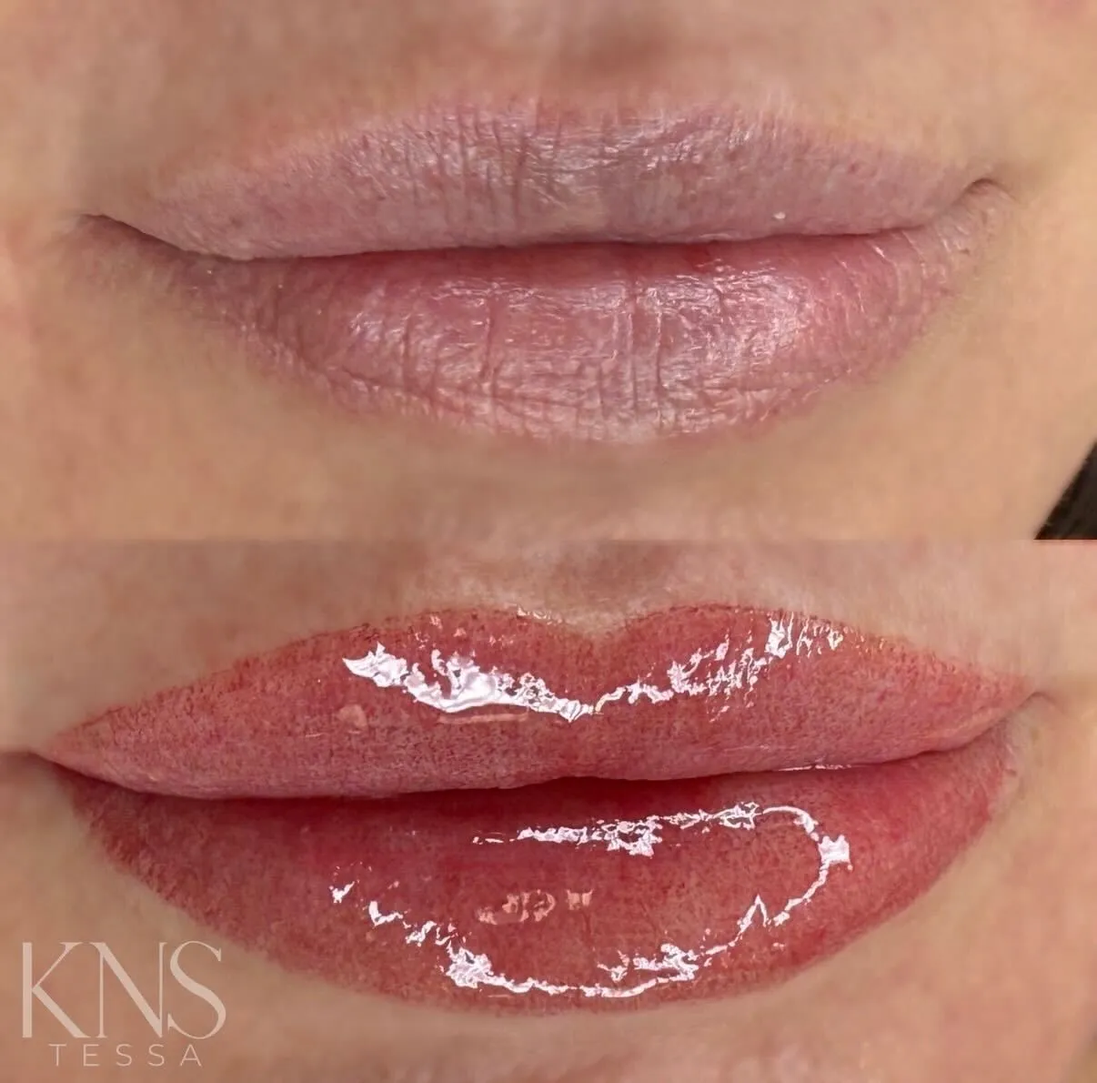 Lip blushing before-and-after for an undefined Cupid's bow — healed results at Kendra Neal Studio