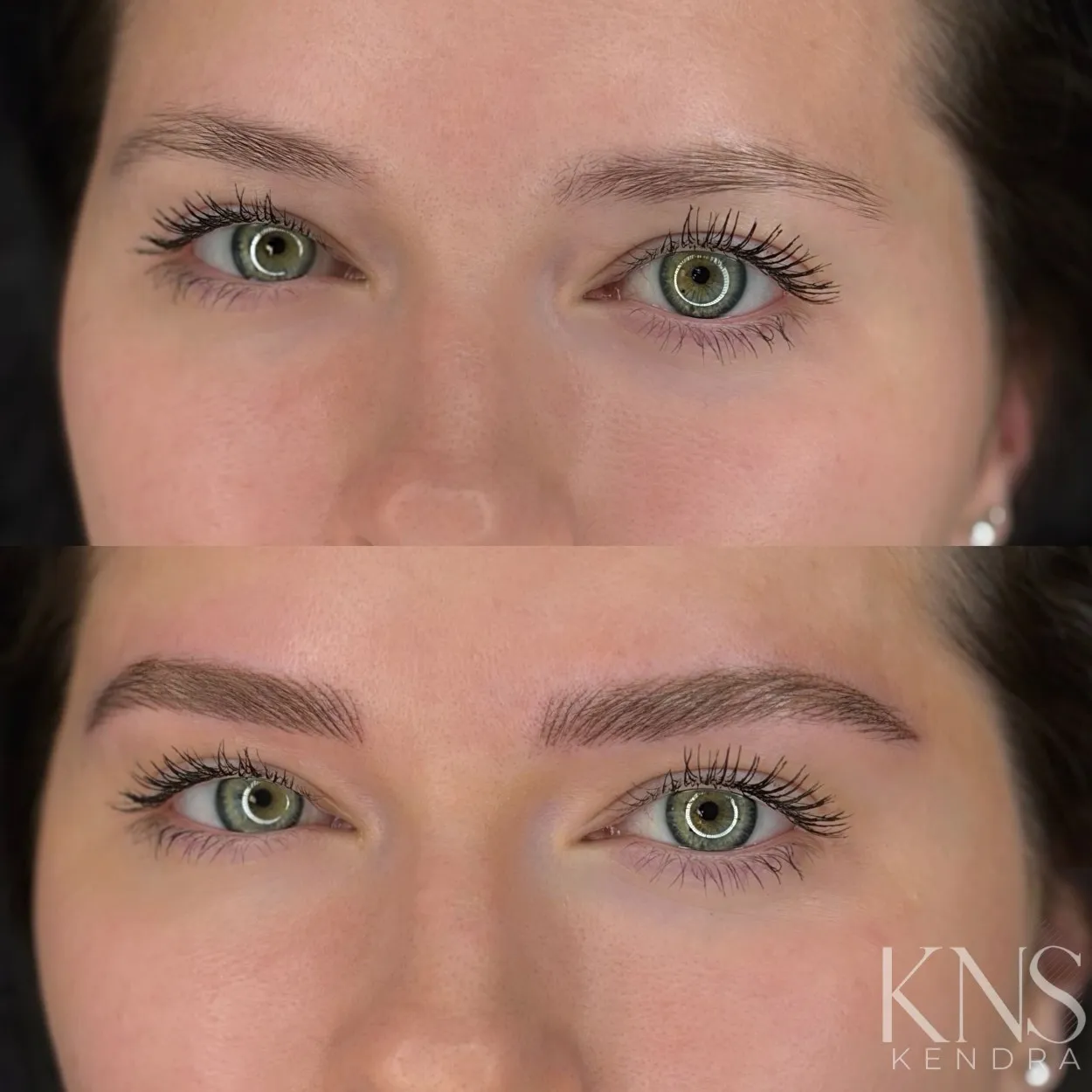 Nanobrow before-and-after for thin, sparse eyebrows — healed results at Kendra Neal Studio