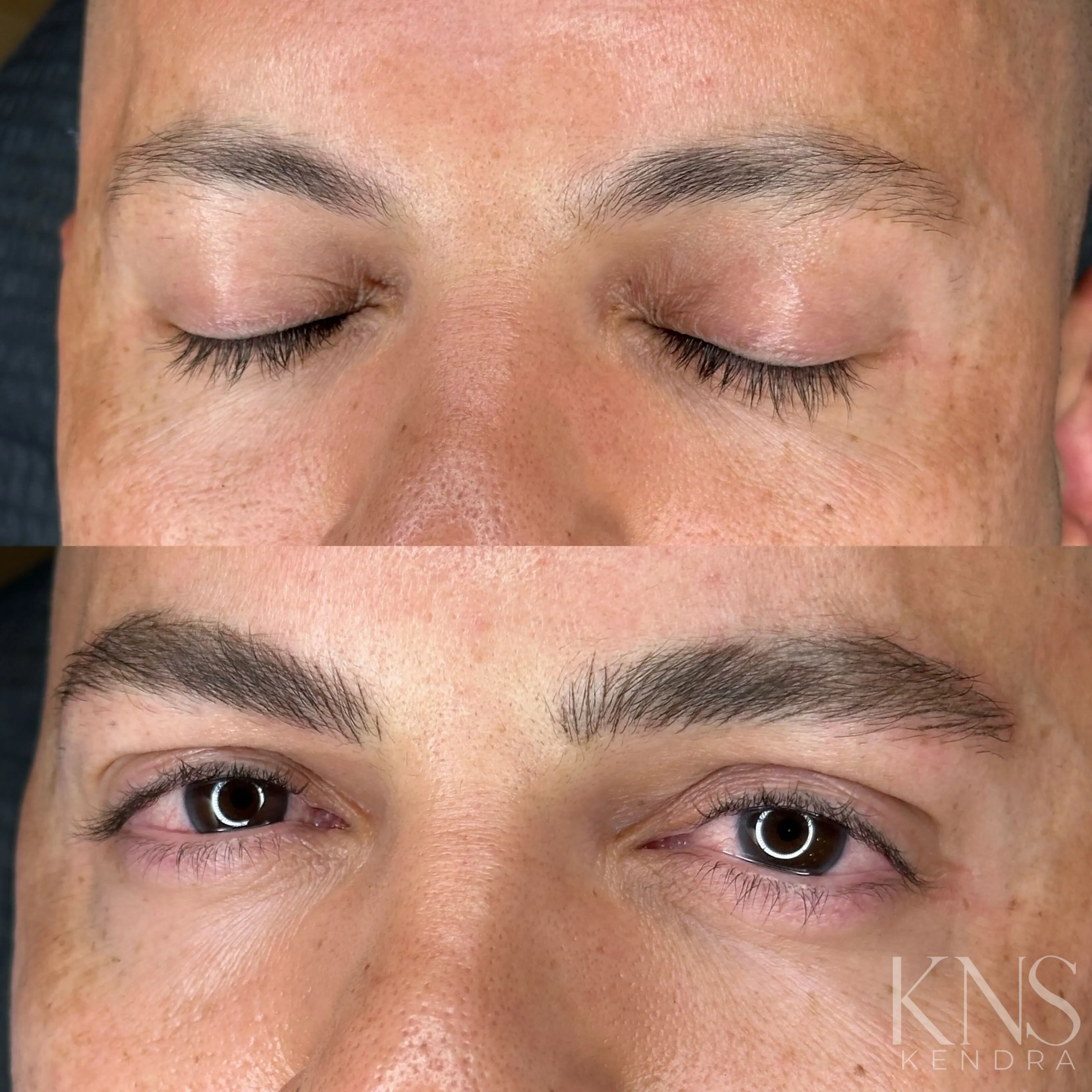 Men's nanobrow before-and-after for sparse eyebrows — healed results at Kendra Neal Studio