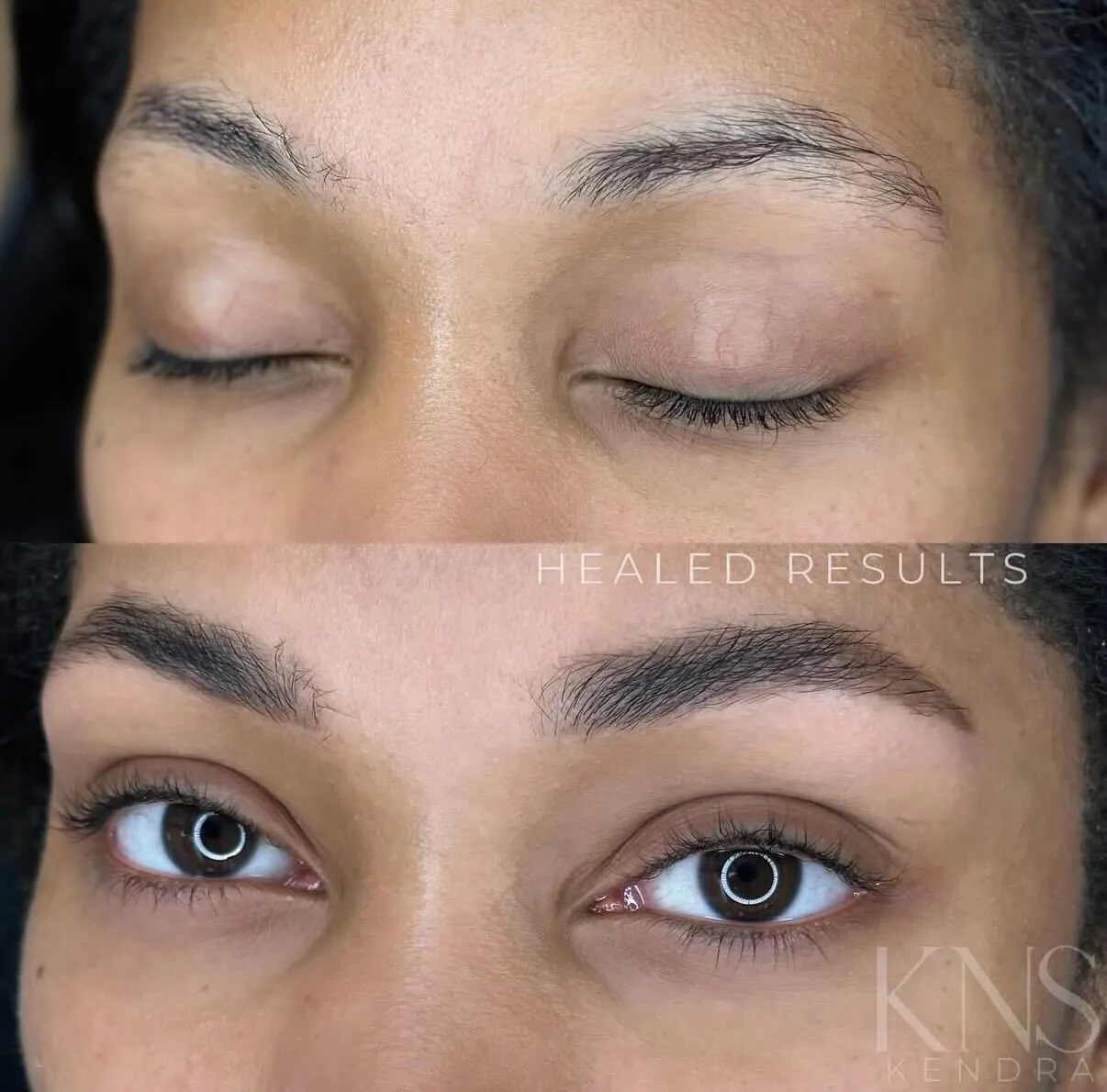Nanobrow before-and-after for sparse eyebrows on a deeper skin tone — healed results at Kendra Neal Studio