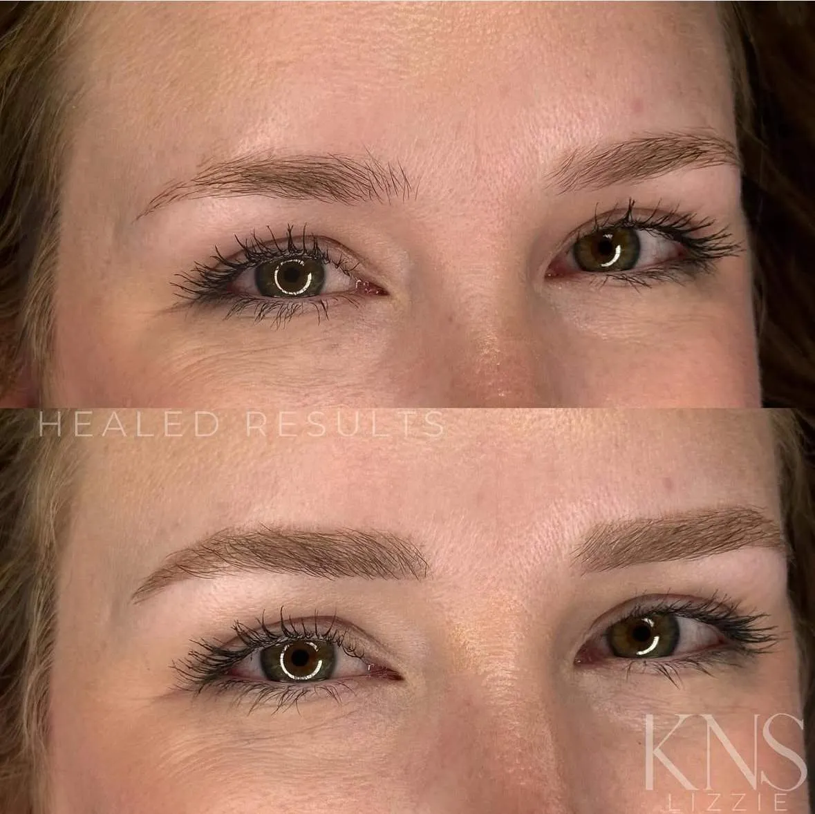 Nano-powder combo brow before-and-after for thin eyebrows — healed results at Kendra Neal Studio