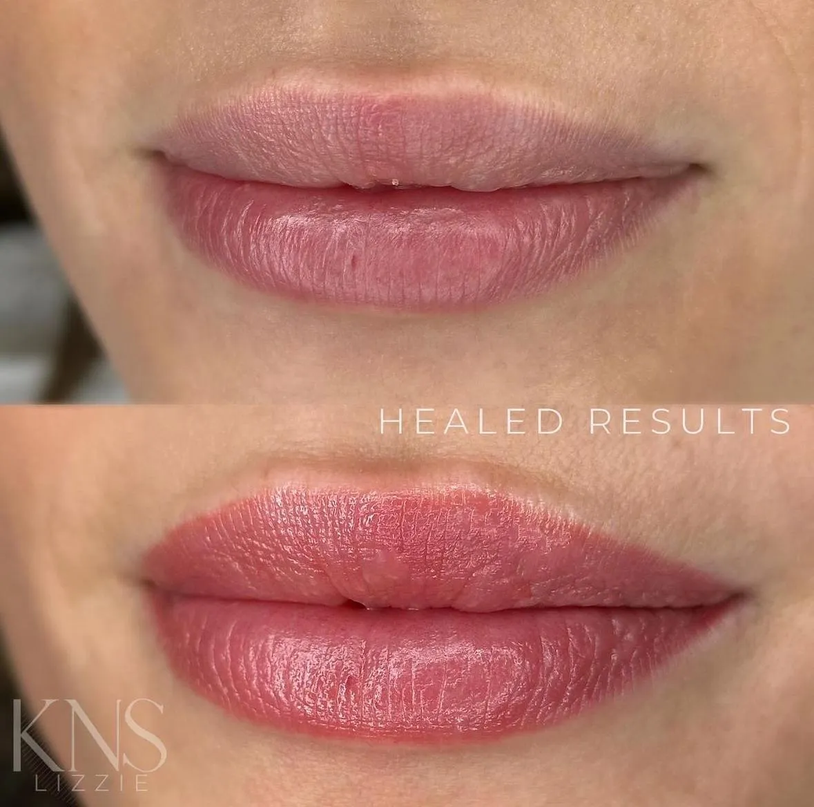Lip blushing before-and-after for pale lips — healed results at Kendra Neal Studio