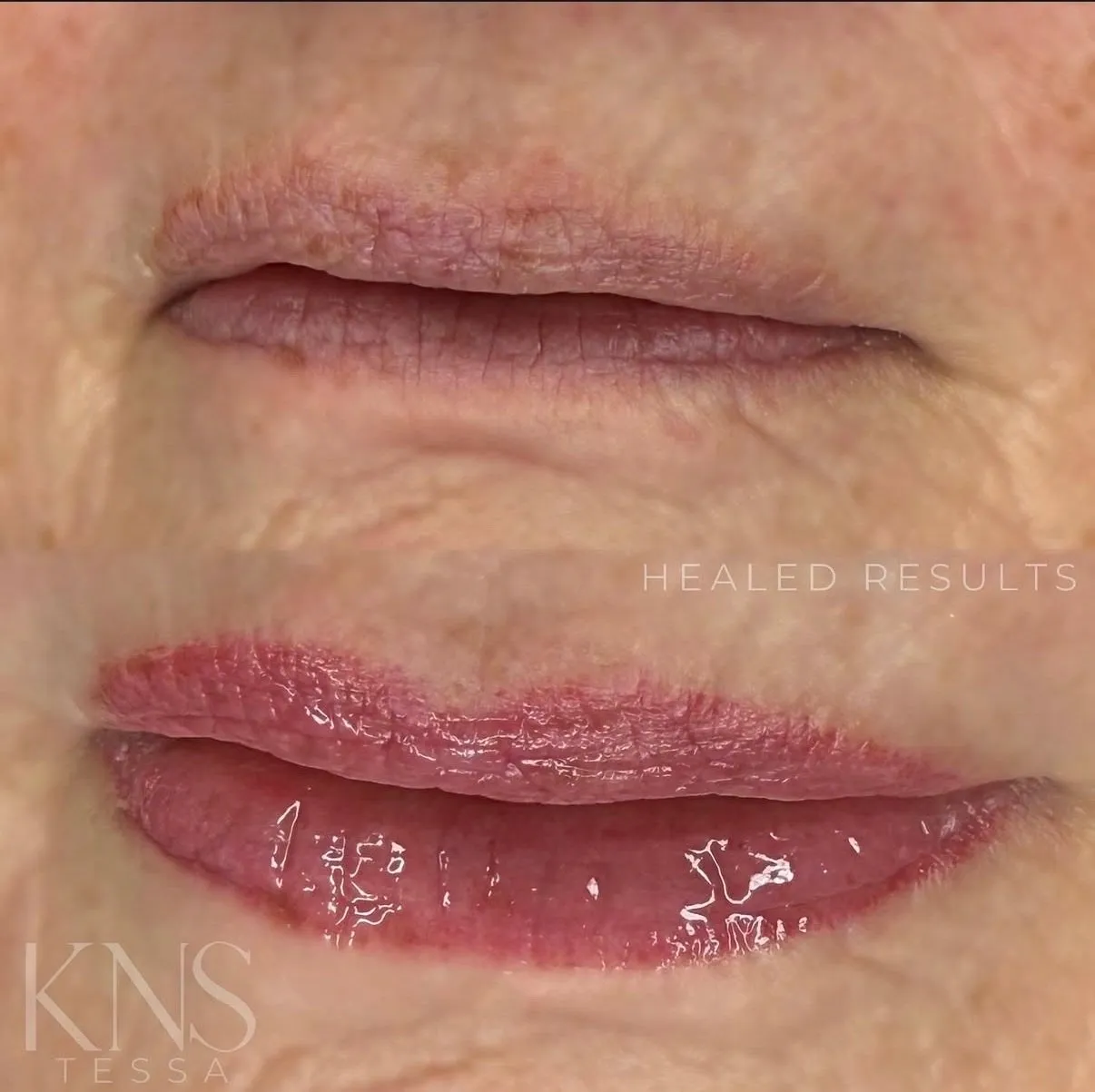 Lip blushing before-and-after on mature skin with deep vertical lip lines — healed results at Kendra Neal Studio