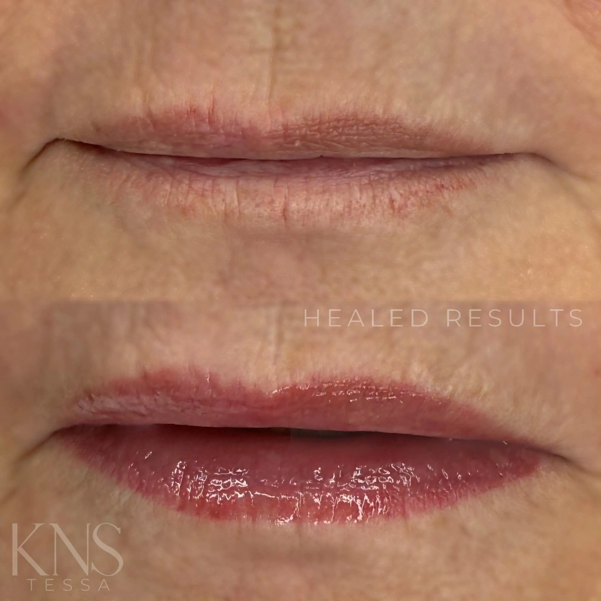 Lip blushing before-and-after on mature skin with deep lip lines — healed results at Kendra Neal Studio