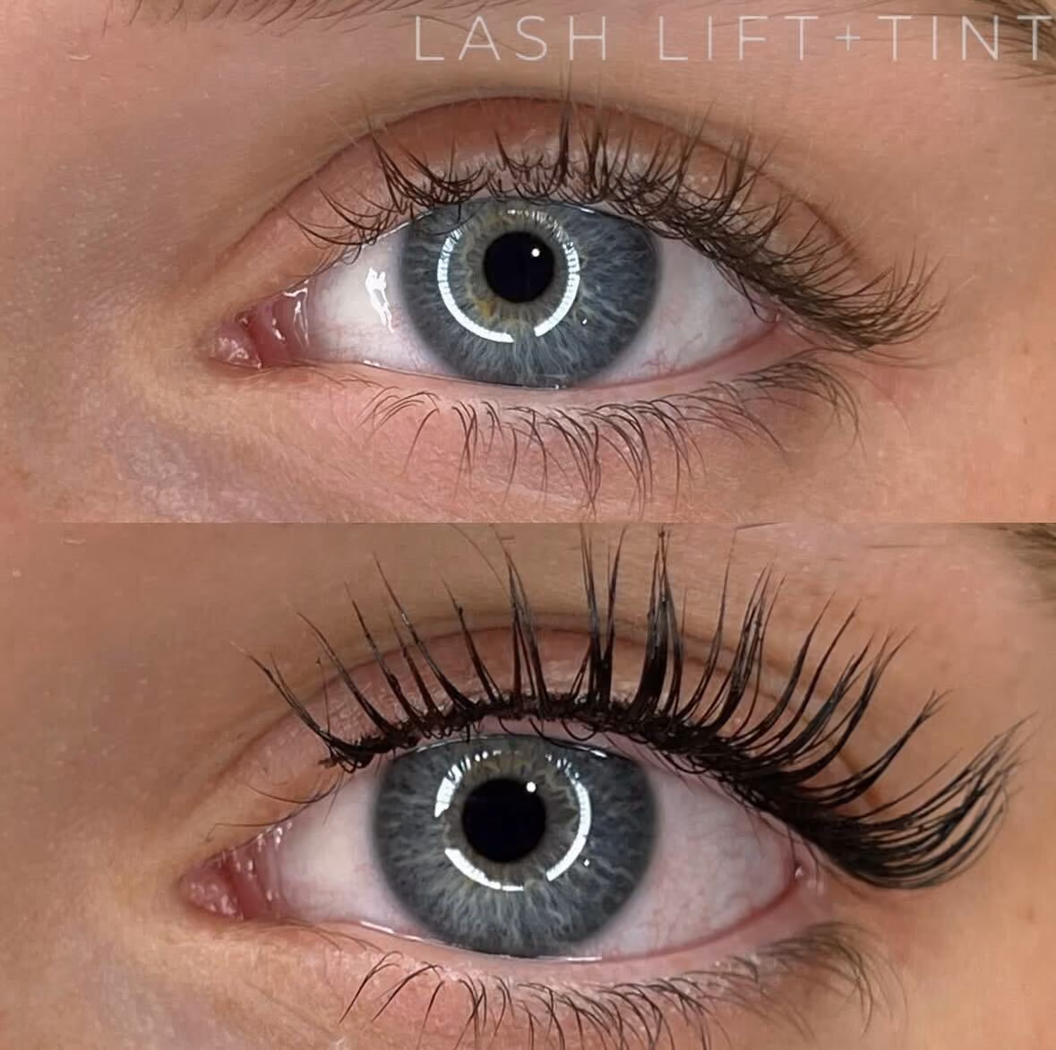 Before and after image of a lash lift and tint.