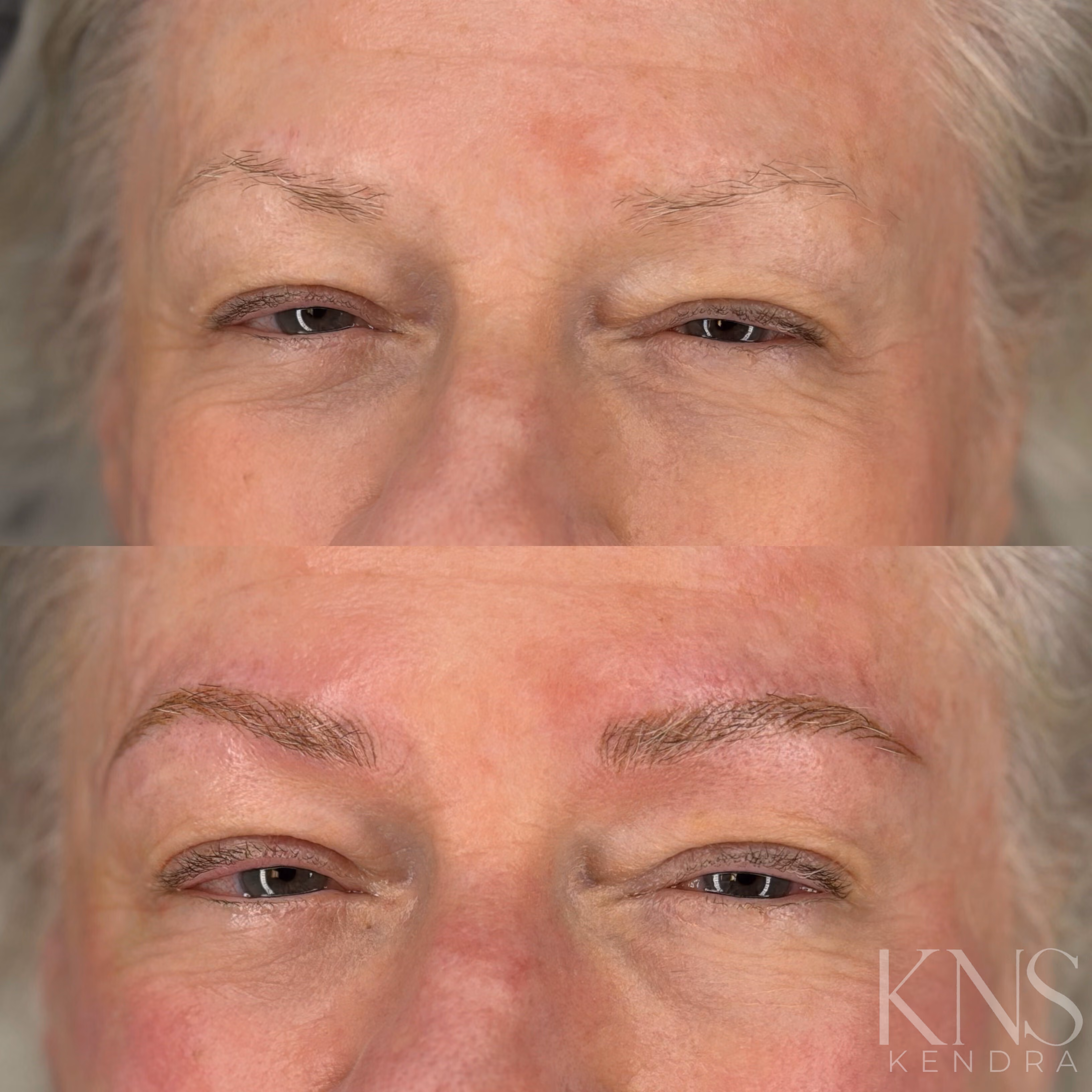 Nanobrow before and after for a woman with mature skin and gray hair and sparse eyebrows.