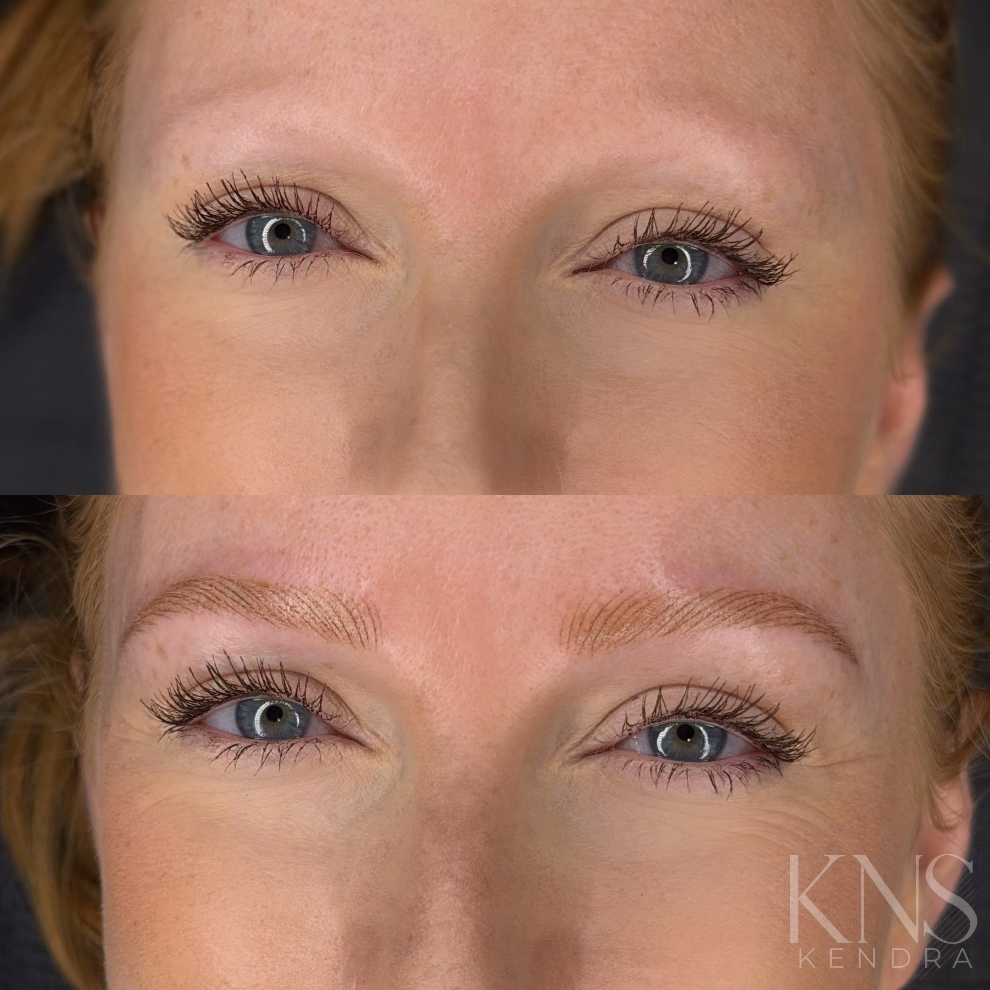 Nanobrow before and after for a woman with no eyebrow hair and red hair.