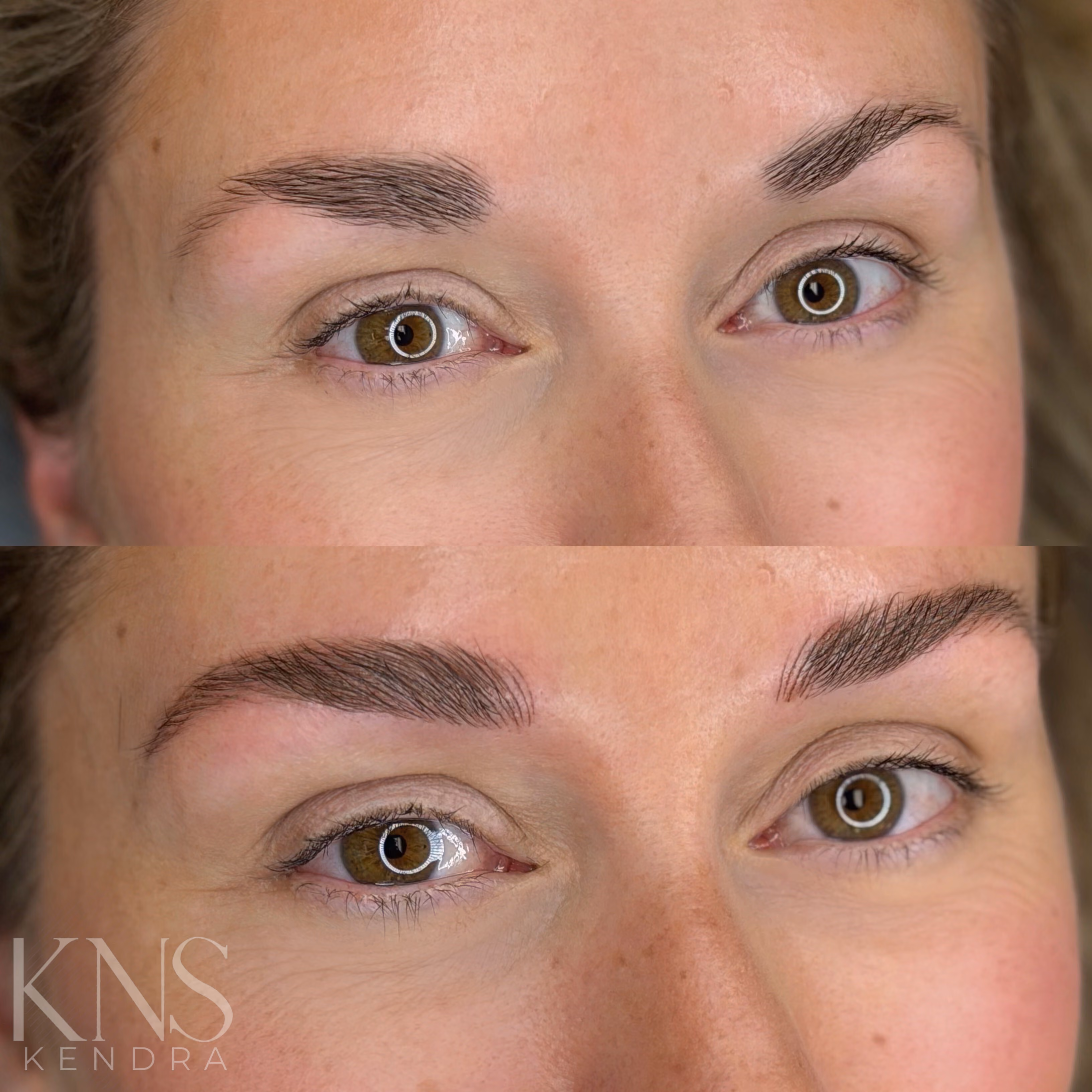 Nanobrows before and after for a woman with normal skin, brunette hair, and thin eyebrow tails.