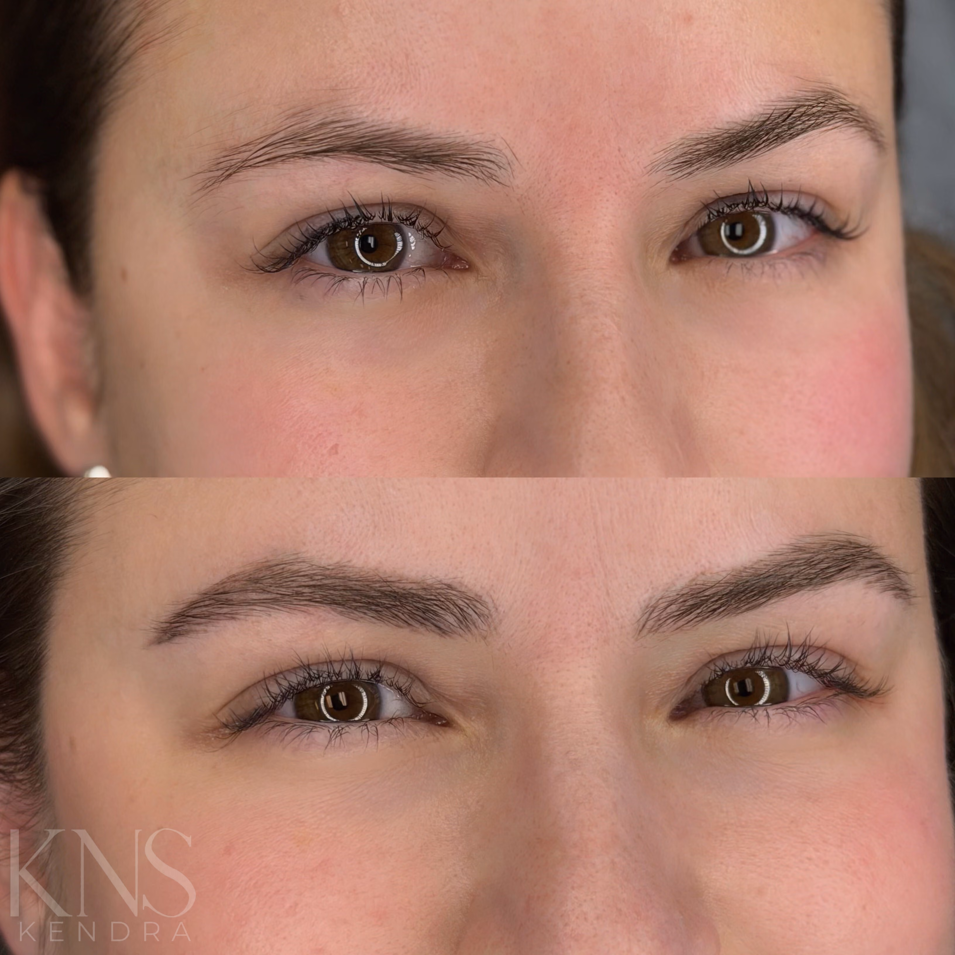 nanobrow before and after for a woman with dark hair and moderate existing brow density.