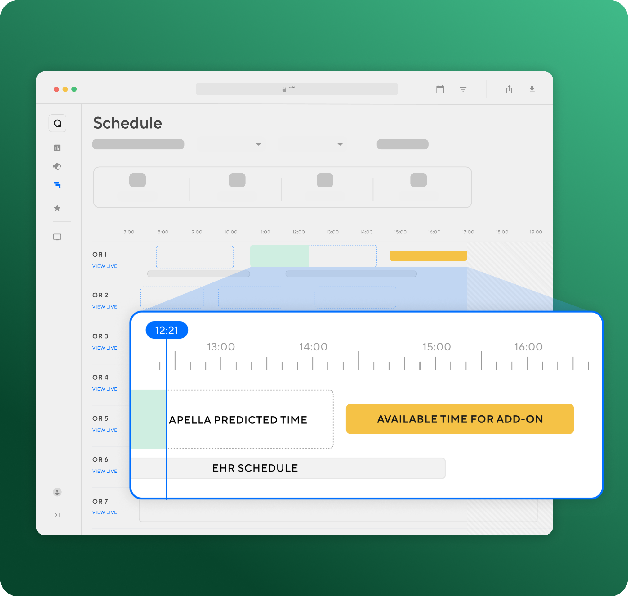 A healthcare worker in blue scrubs and a surgical mask checks their phone in the hospital hallway. Text notifications overlay the image: OR 06: Patient for next case in PreOp and OR 06: Patient wheeled in at 14:32