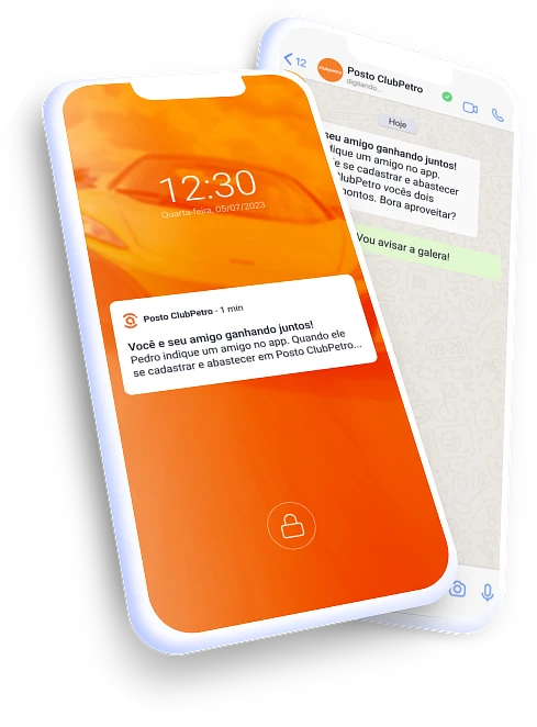 Smartphone com mensagem push e whatsapp dispara pela Plataforma de Campanhas ClubPetro