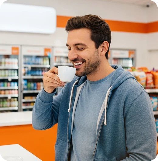 Cliente feliz tomando café que trocou por pontos na conveniencia