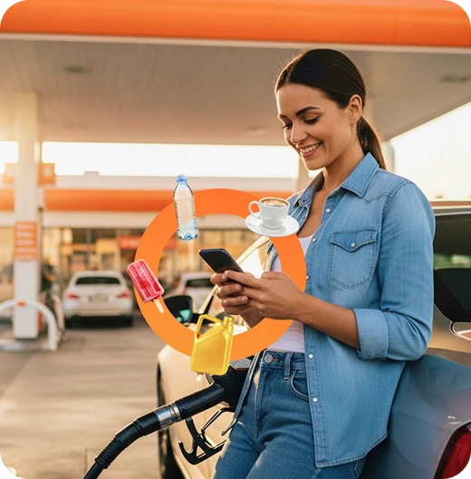 Cliente feliz utilizando o app no posto com prêmios ao redor