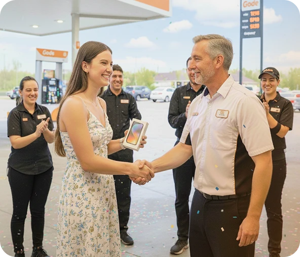 Revendedor entregando prêmio para cliente sorteada