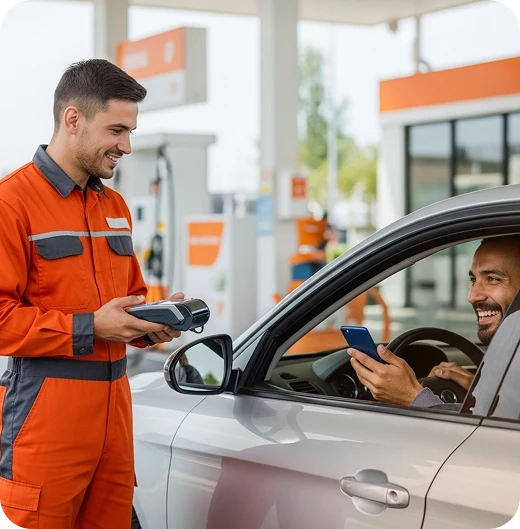 Frentista atendendo cliente e oferecendo para participar do sorteio