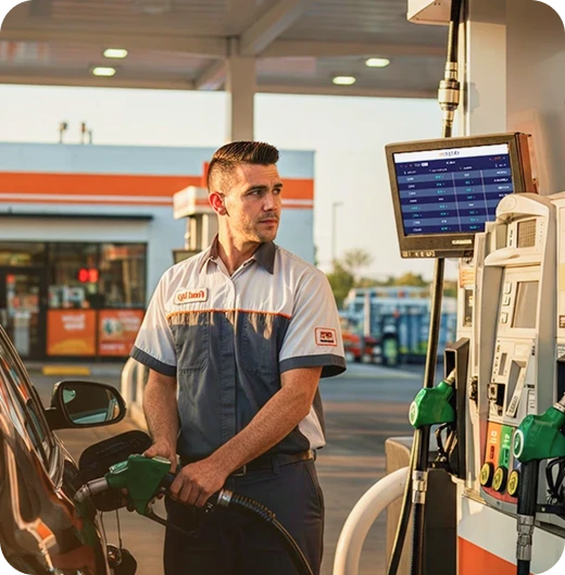 Frentista abastecendo carro na pista e acompanhando o painel de metas, criado com Metas por IA do ClubPetro