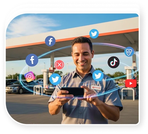 Revendedor de postos olhando seu posto no celular com icones de redes sociais