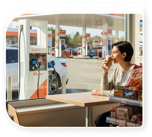 mulher toma café dentro da conveniencia enquanto carro eletrico recarrega no posto