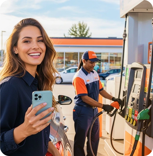 Cliente feliz com desconto na bomba após abastecer. clubpetro módulo desconto