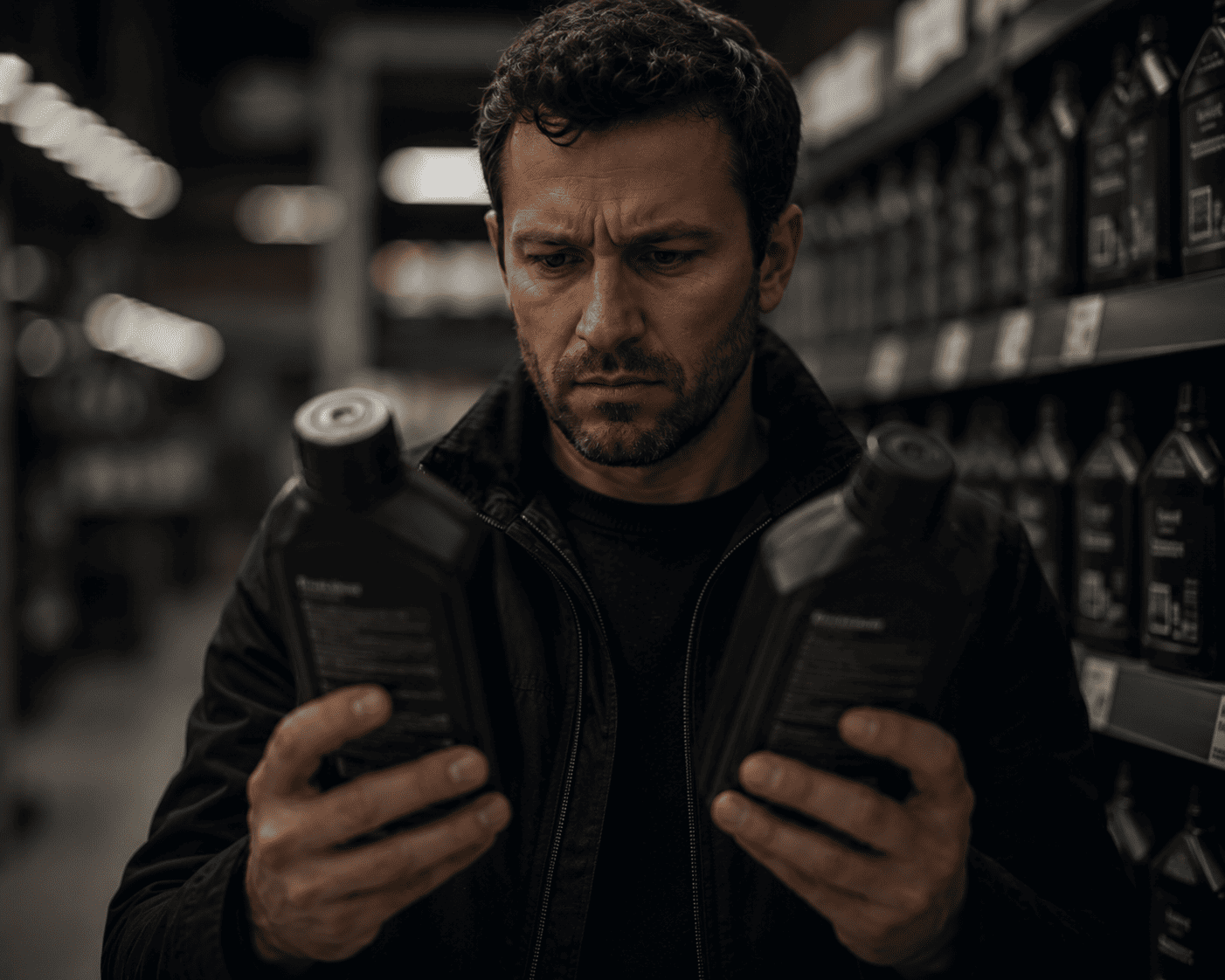 A shopper comparing two identical-looking bottles, unable to tell which is genuine