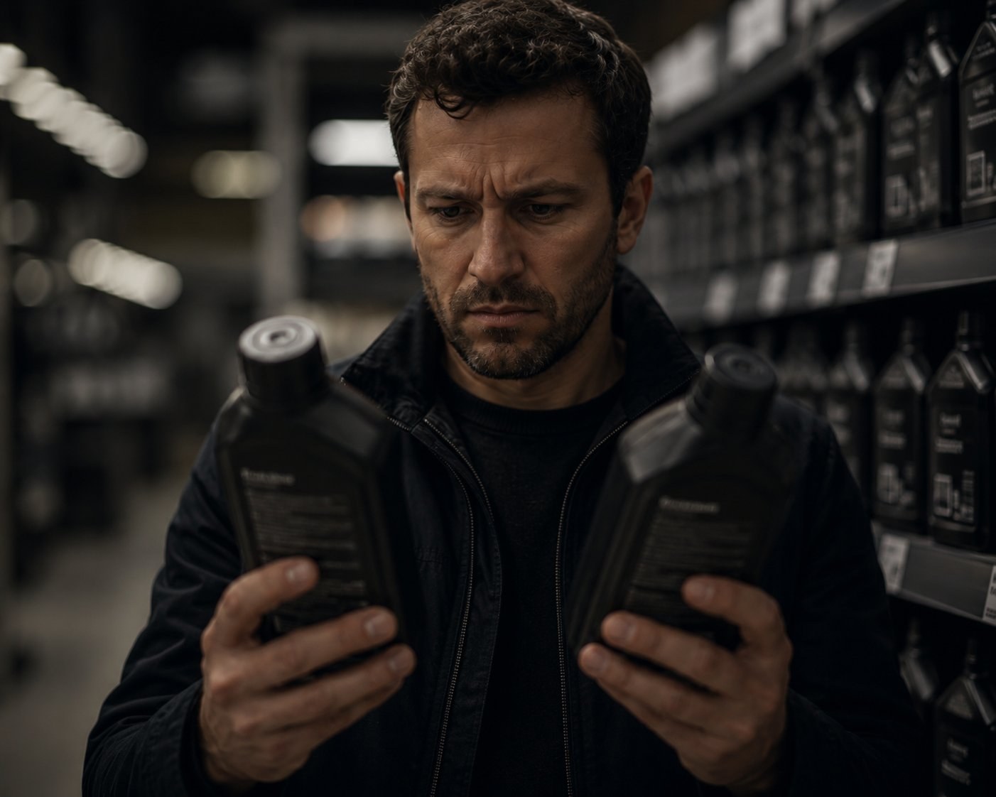 A shopper comparing two identical-looking products, unable to tell which is genuine