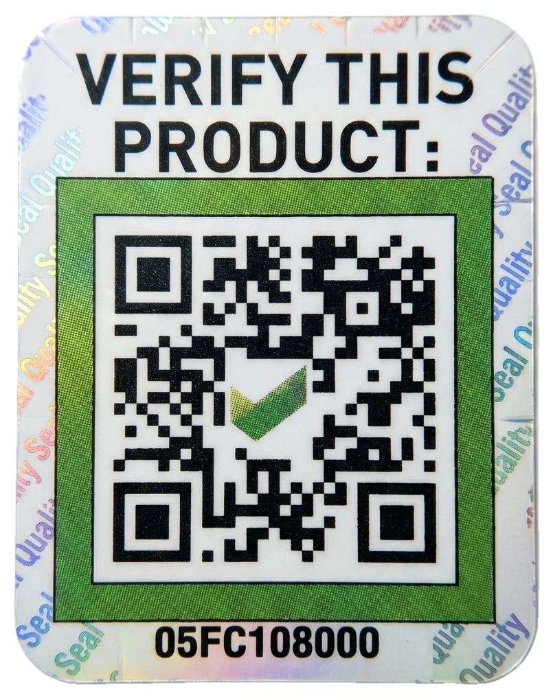 The authentic.network code: VERIFY THIS PRODUCT, a QR code in a green border, and a serial number