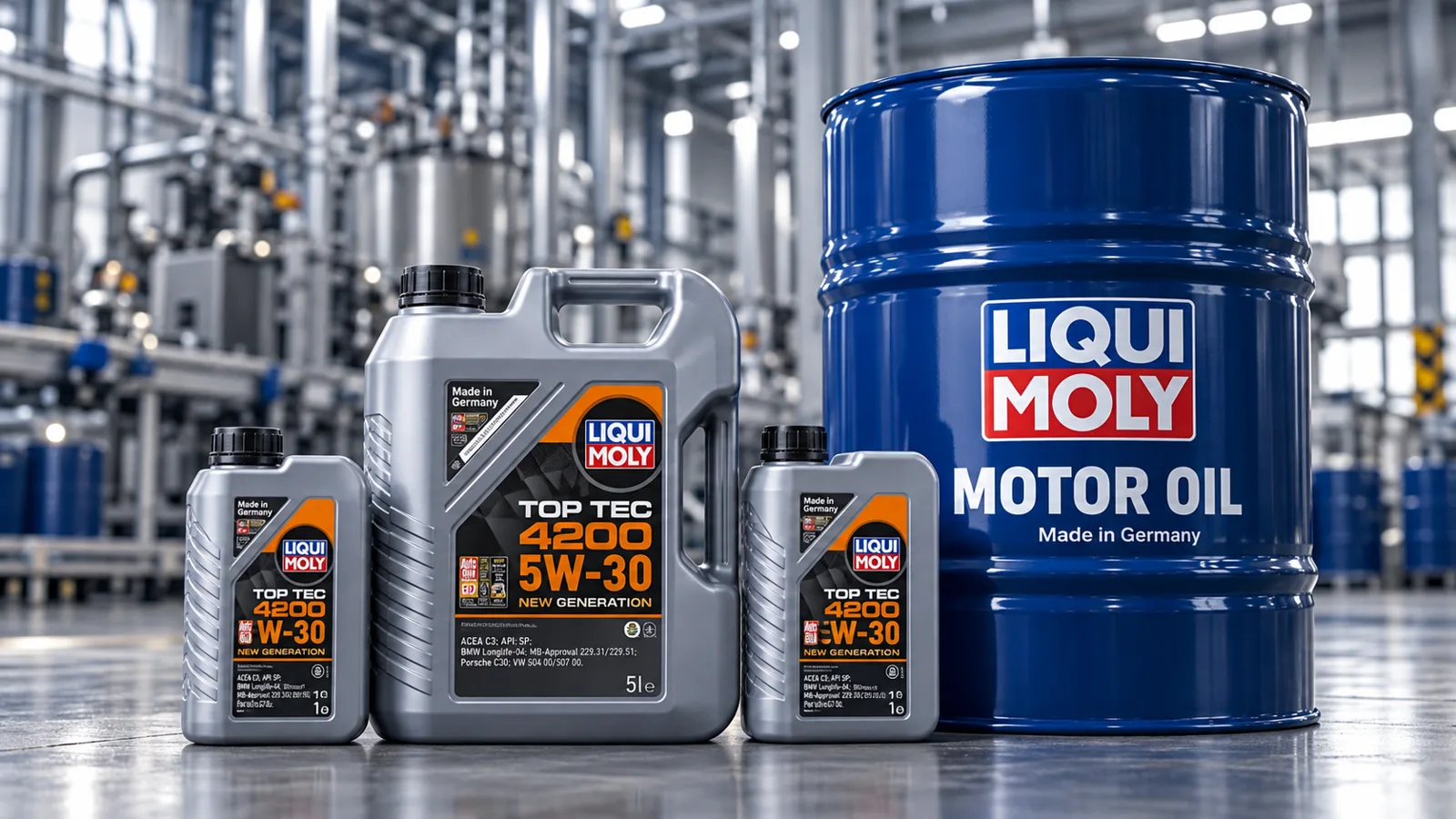 LIQUI MOLY Top Tec 4200 canisters and a LIQUI MOLY motor oil drum in a production hall