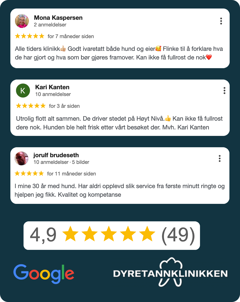 Skjermbilde av tre Google-anmeldelser for Dyretannklinikken – fornøyde eiere roser klinikken for profesjonell behandling for hund. 
