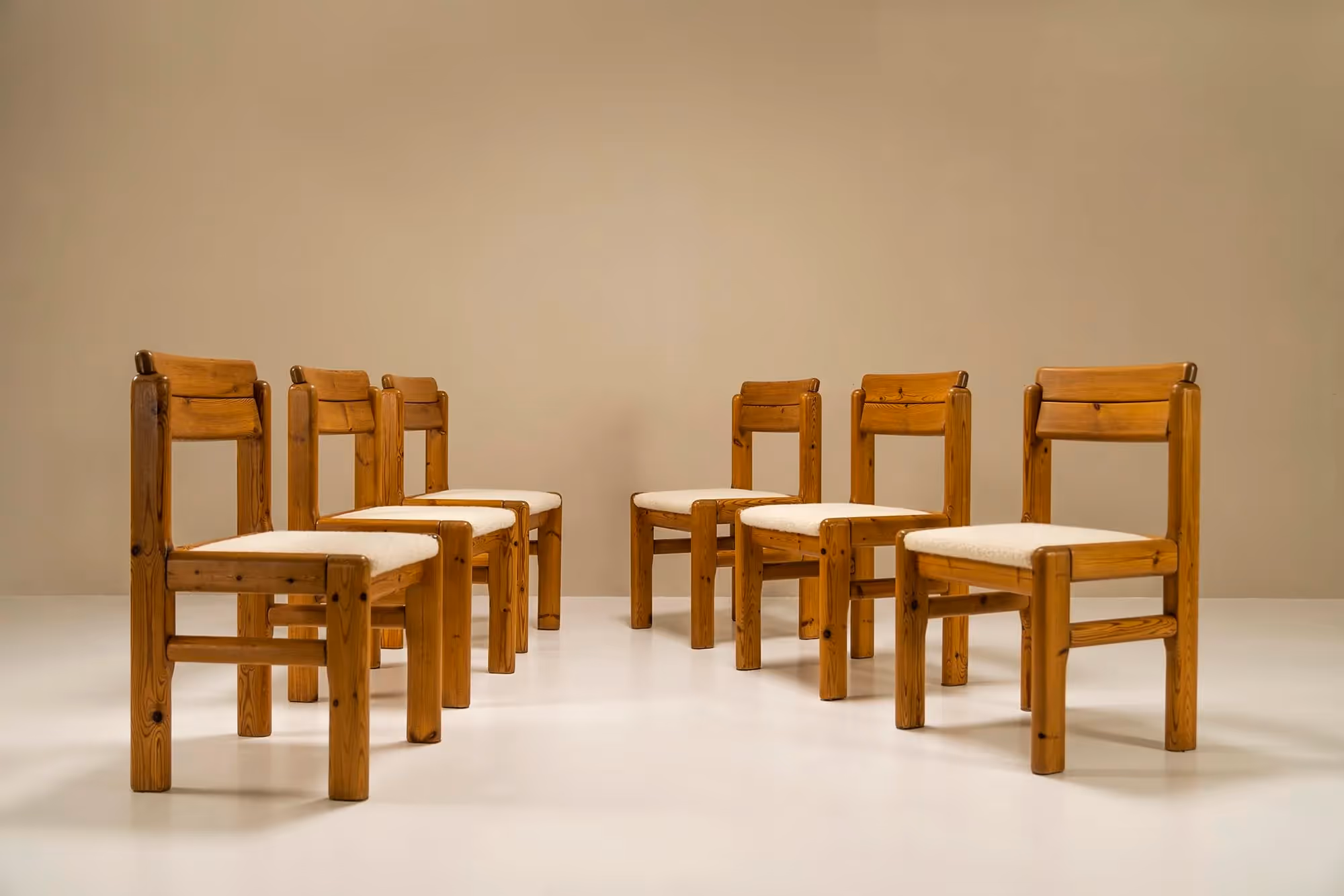 Set of Six Dining Chairs in Solid Pine and Sheep Curl Bouclé, France 1970s