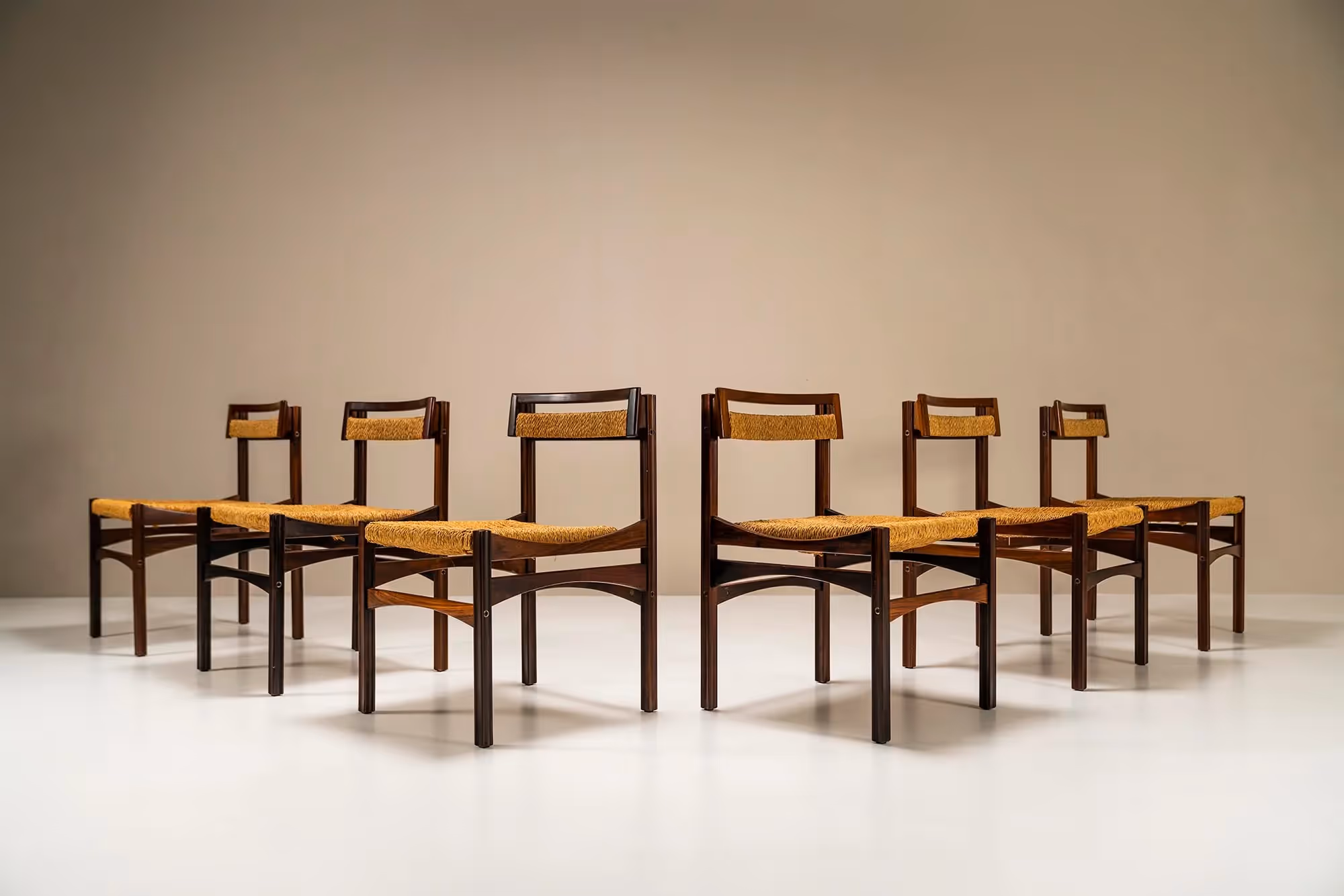 Set Of Six Italian Dining Chairs In Rosewood And Wicker, Italy 1970s