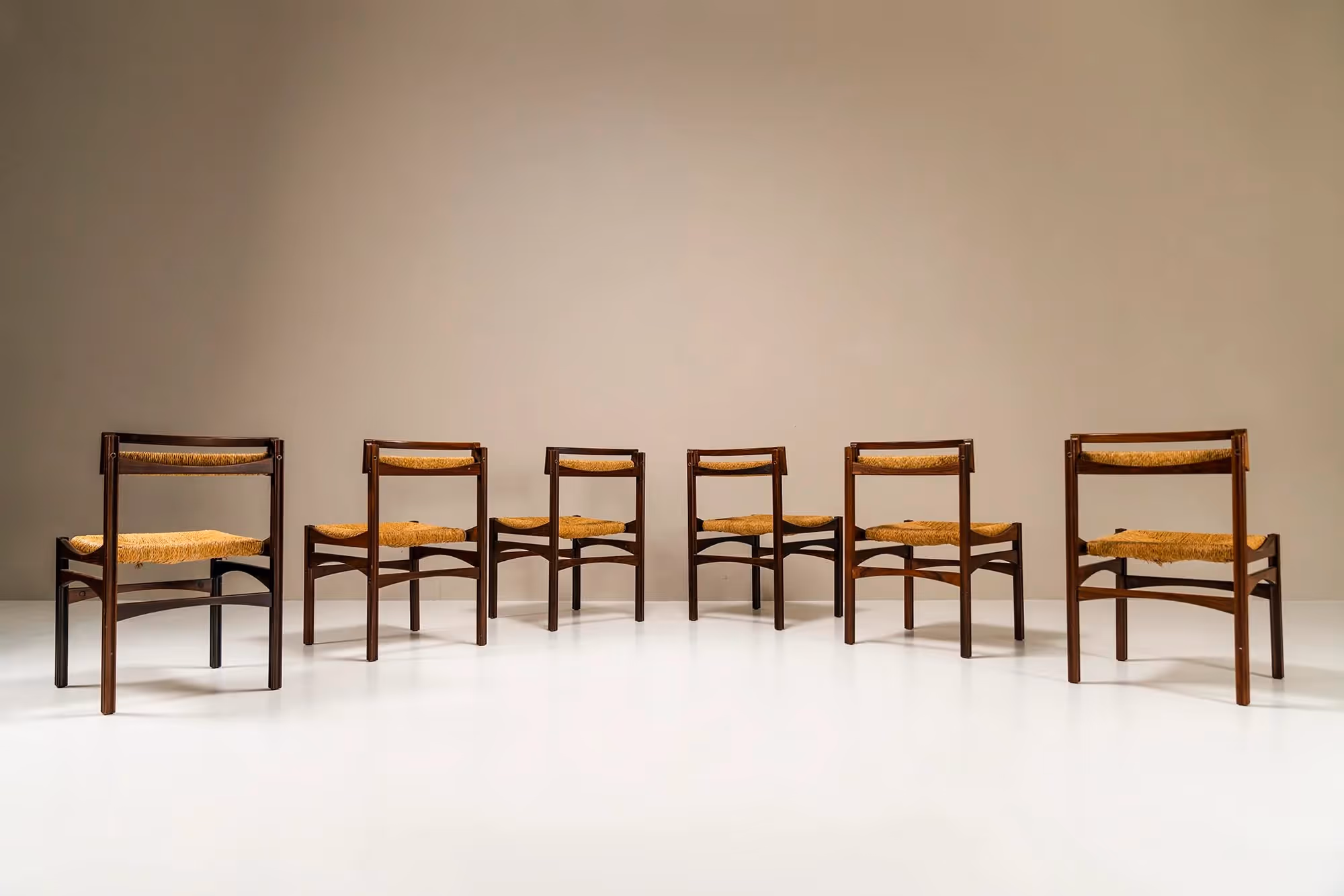 Set Of Six Italian Dining Chairs In Rosewood And Wicker, Italy 1970s